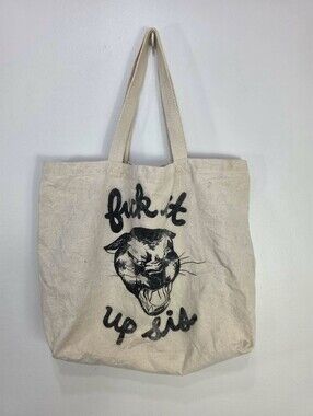 Canvas Tote Bag with Graphic Cat & Script